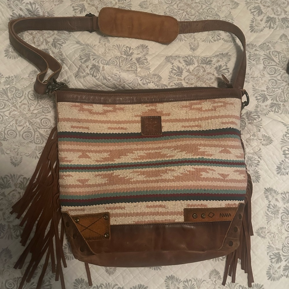 Brown and Tan Crossbody Bag with Fringe and Geometric Pattern